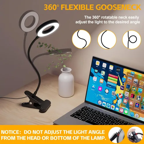 Vista 8 de Foneso Lámpara de escritorio con clip con adaptador, lámpara de lectura de 48 LED con puerto de carga USB, 3 modos de color, 10 niveles de brillo