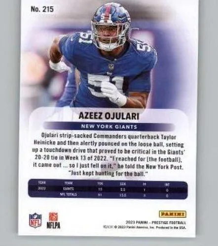 Vista 2 de 2023 Panini Prestige Xtra Points Sunburst #215 Azeez Ojulari New York Giants NFL Football Trading Card
