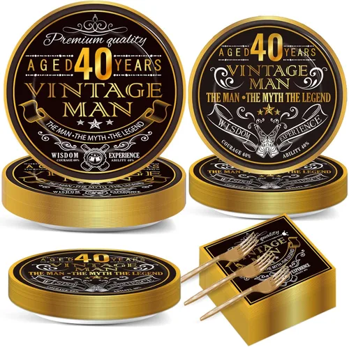 gisgfim Juego de 200 platos y servilletas vintage de 40 cumpleaños para fiesta de cumpleaños 1985, suministros de mesa para fiesta de 40 años,