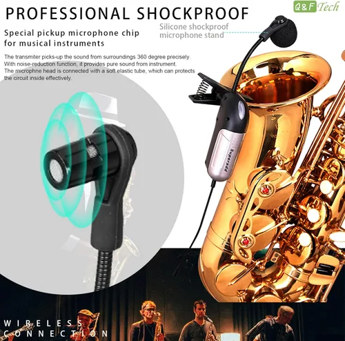 Vista 5 de Saxofón inalámbrico instrumento musical recogida, micrófono profesional instrumento inalámbrico UHF Pickup Mic receptor y sistema transmisor, clip
