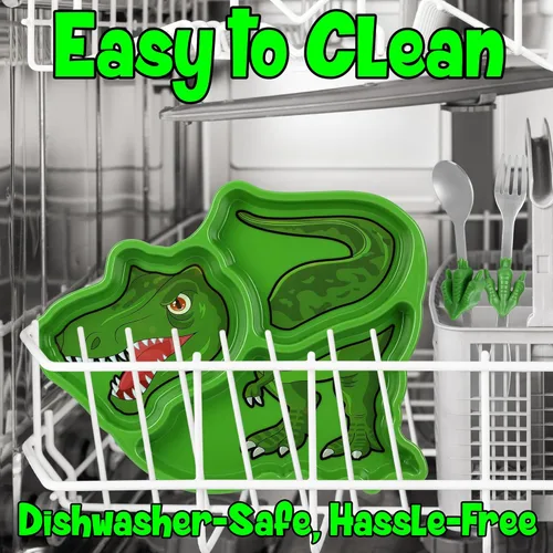 Vista 5 de KidsFunwares T-Rex Dinosaur Me Time Juego de Comida, Plato Dividido con Control de Porciones con Tenedor y Cuchara para Niños