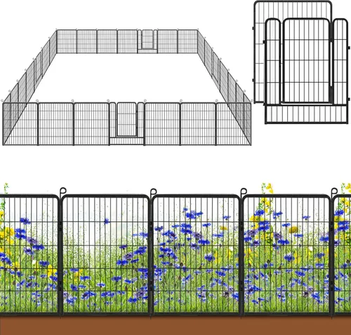 Vista 10 de Valla de jardín con puerta, 22 pies de largo x 32 pulgadas de alto, valla de jardín para patio, 10 paneles para perros sin excavar al aire libre