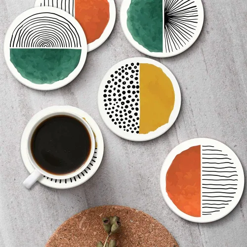 Vista 4 de Britimes Juego de 6 posavasos para bebidas, simples, retro, redondos, de doodle, absorbentes, de piedra cerámica, con base de corcho y soporte