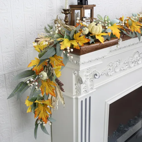 Vista 7 de Guirnalda de 6 pies de otoño para repisa, decoraciones de otoño para el hogar, porche de otoño, guirnaldas de hojas de arce de otoño
