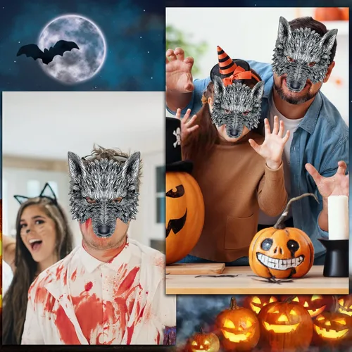 Vista 7 de HyperFun Disfraz de hombre lobo de Halloween, máscara de lobo y juego de colas, disfraz de lobo realista, kit de accesorios de cosplay