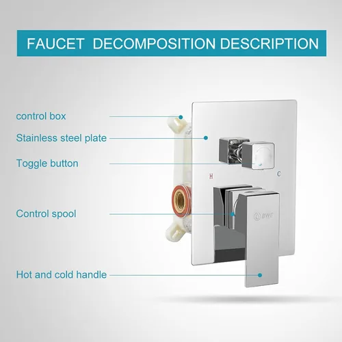 Vista 7 de BWE Grifo de ducha cromado de 12 pulgadas, cuadrado de lujo, mezclador de lluvia, juego completo de 2 funciones, equilibrio de presión, montaje