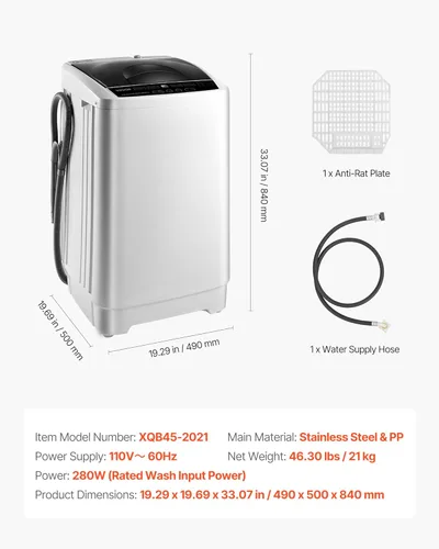 Vista 7 de VEVOR Lavadora portátil, lavadora portátil de 1.3 pies cúbicos con pantalla LED, tambor de acero inoxidable, 8 programas de lavado y 6 niveles