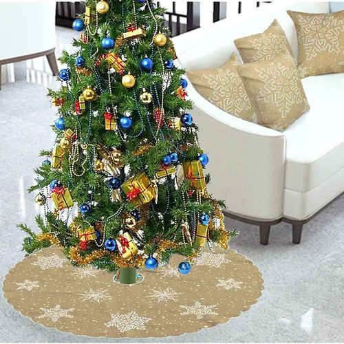 Vista 4 de Simhomsen - Falda de árbol de Navidad rústica bordada con copos de nieve de granja, para árboles de 4 a 6 pies (Burlap, redonda de 34 pulgadas)