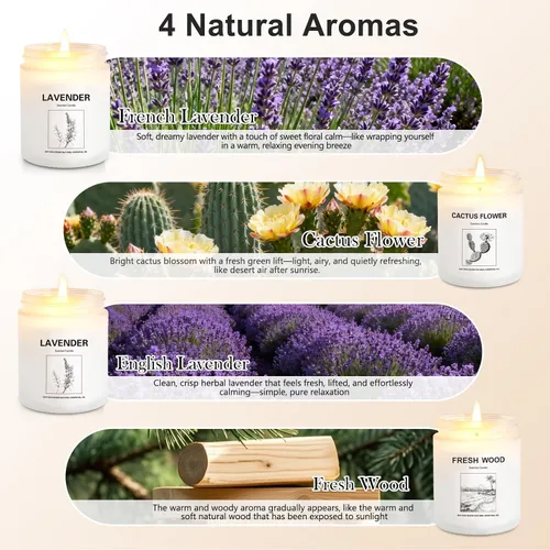 Vista 2 de Velas perfumadas para el hogar, paquete de 4 velas de soja de regalo con 4 aromas de fragancia, velas florales y de madera de lavanda