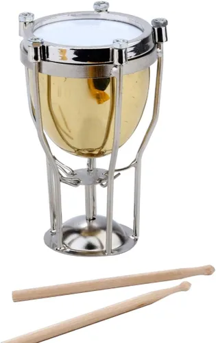 Vista 6 de Timbales en miniatura con soporte y estuche, réplica de instrumentos musicales de latón, figuras coleccionables, accesorios para casa de muñecas