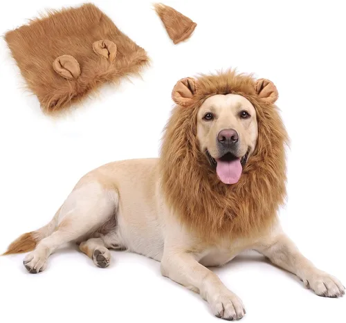 Gimilife Melena de león para perro, disfraz de melena de león, disfraz de Halloween para perro mediano y grande con orejas y cola, ropa de perro de
