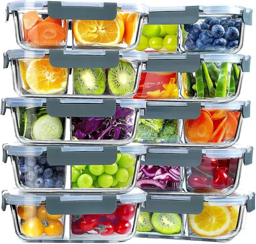 VERONES - Paquete de 10 recipientes de vidrio para preparación de comidas de 2 compartimentos, 30 onzas, recipientes herméticos de vidrio para