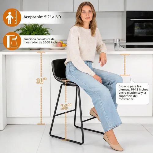 Vista 5 de HeuGah Juego de 2 taburetes de bar de piel sintética, sillas de comedor con patas de metal y respaldo suave, fáciles de montar Negro