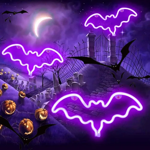 Vista 3 de Vicila Letreros de neón con forma de murciélago para Halloween, luces de neón LED, regalos espeluznantes, lámpara con forma de murciélago para Azul