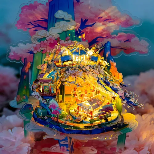 Vista 8 de MU Rompecabezas de metal 3D, rompecabezas de palacio chino de hadas de flores de durazno, rompecabezas de modelos de metal para construir casa