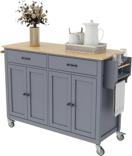 Vista 176 de LUMISOL Carrito de isla de cocina con ruedas de bloqueo con 2 cajones y 4 gabinetes, isla de cocina rodante con estantes ajustables, mesa de madera