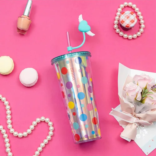 Vista 2 de bzyoo Vaso SIP de 24 oz con Tapa de Popote en Forma de Corazón con Alas – Vaso Iridiscente de Diseño Lindo DotDot, Taza Libre de BPA con Tapa
