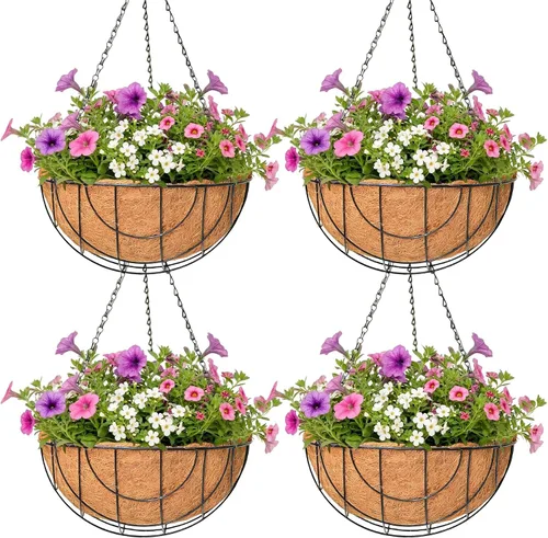 Paquete de 4 macetas colgantes para plantas al aire libre de 12 pulgadas, cesta de flores colgante de metal con forro de fibra de coco, soporte