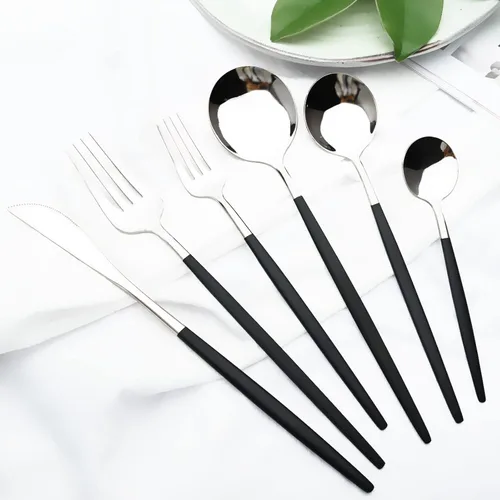 Vista 8 de Juego de cubiertos Cuchillo de cena Postre Tenedor Cuchara Juego de vajilla de acero inoxidable Vajilla de cocina 4 piezas Negro