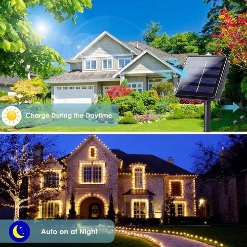 Vista 4 de Sanjicha Luces solares, Navidad, extralargas, paquete de 2, 72 pies, tira de 200 luces LED, cable de cobre impermeable, 8 modos, para árbol, jardín