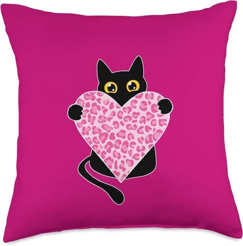 Vista 4 de Black Cat heart Leopard Pink Valentine's day tees Divertida almohada para el día de San Valentín con diseño de leopardo y corazón negro, 16 x 16