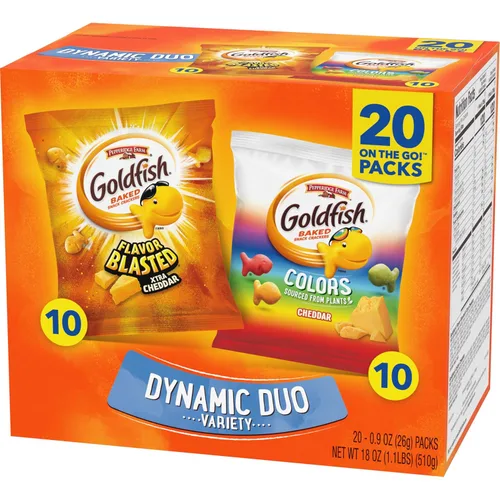 Vista 9 de Goldfish Dynamic Duo Paquete de Variedad, Colors Cheddar y Flavor Blasted Xtra Cheddar, Paquetes de Aperitivos, 20 Ct