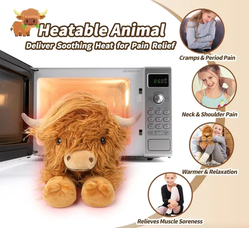 Vista 3 de Highland Cow - Animales de peluche para microondas, almohadilla térmica para calambres, alivio del dolor y estrés, calentable y refrigerable