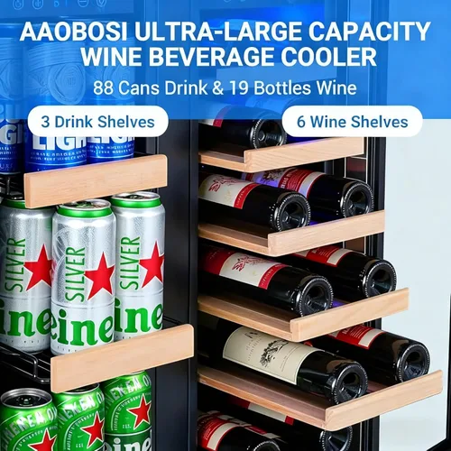 Vista 3 de AAOBOSI Enfriador de vino y bebidas de doble zona de 88 latas, integrado e independiente, marco de madera extraíble de moda, control digital