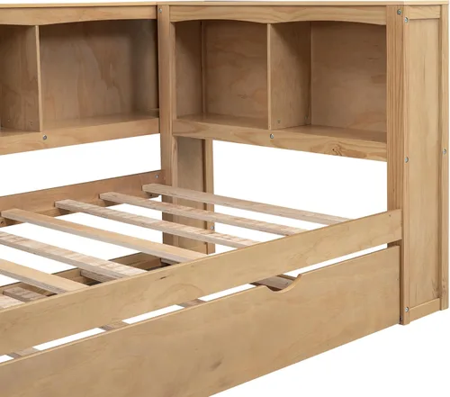 Vista 185 de Quarte Elegante cama de plataforma con estanterías en forma de L, cama de plataforma de madera tamaño individual con 2 cajones de almacenamiento