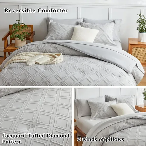 Vista 4 de Juego de edredón de 6 piezas de cama en una bolsa con sábanas gris claro, suave y bordado, diseño bohemio bohemio Shabby Chic Boho Color sólido
