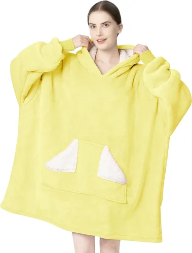 Vista 9 de Touchat - Manta con capucha para usar, sudadera estilo cobija de sherpa de gran tamaño para mujeres con capucha y bolsillo, manta con capucha súper