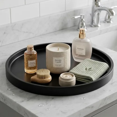 Vista 7 de Bandeja de tocador de baño para mostrador, bandeja decorativa redonda de madera para tanque de inodoro, maquillaje, perfume, joyería, mesa de café