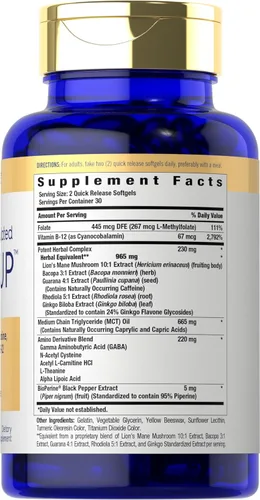 Vista 2 de Carlyle Brain Up Suplemento 60 cápsulas blandas con L-teanina, Bacopa y B-12 Sin OMG, sin gluten