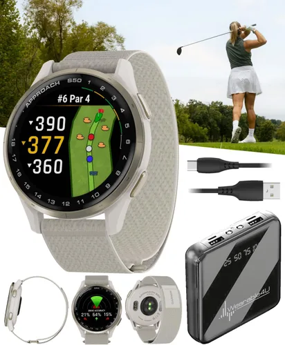 Vista 7 de Garmin Approach S44 GPS Reloj inteligente de golf con bisel de aluminio plateado y banda de silicona negra con paquete de batería portátil Wearable4U