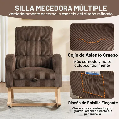 Vista 7 de NIOIIKIT Mecedora para guardería, mecedora tapizada de pana con reposapiés ajustable, silla mecedora copetuda con bolsillo lateral, mecedora café