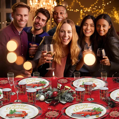 Vista 7 de Juego de vajilla desechable de 168 piezas, incluye platos de papel para fiestas de Navidad, tazas, servilletas, cuchillos de plástico rojo