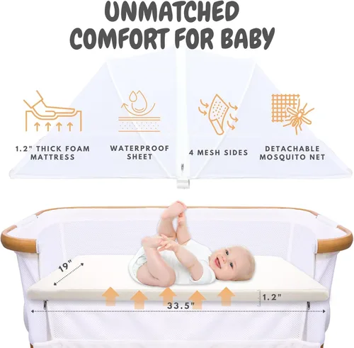 Vista 4 de bicystar Moisés para bebé junto a la cama 2 en 1 con ruedas, toda de malla transpirable con colchón, opción de inclinación, 5 alturas ajustables