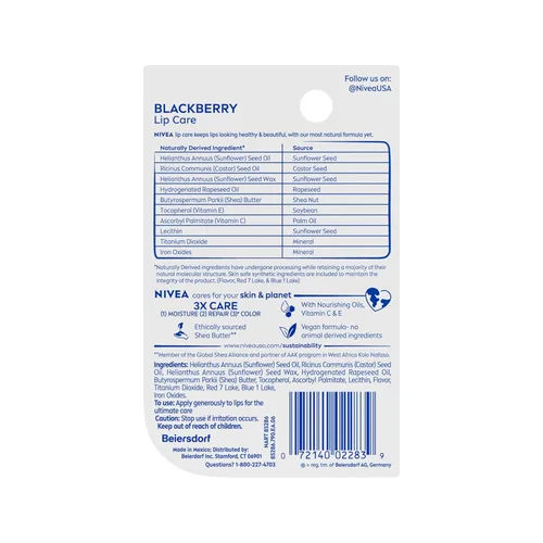 Vista 15 de NIVEA Blackberry Lip Care, bálsamo labial teñido con manteca de karité, aceites nutritivos y vitamina C y E, humedad 3 en 1, reparación