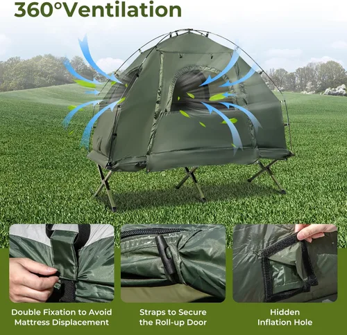 Vista 8 de GYMAX Tent Cot, 5-in-1 Folding Camping Cot with Mattress & Pillows, Sleeping Bags, Sunshade, Camping Tent Elevated with Carrying Bag for Outdoor