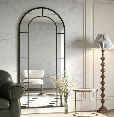 Vista 2 de TinyTimes Arched Full Length Mirror, 56"x22" Large Window Floor Mirror, Farmhouse Pane Mirrors with Metal Framed, Full Body Wall or Leaning Mirrors