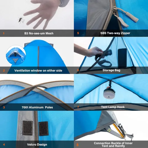 Vista 5 de BISINNA Tienda de campaña para 2/4 personas, tienda de campaña ligera para mochileros, impermeable, resistente al viento, dos puertas, fácil