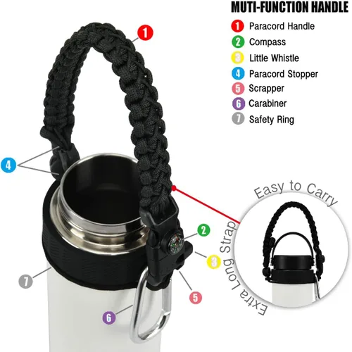 Vista 3 de Asa de cuerda de paracaídas para botellas Hydroflask 2.0 de boca ancha y estándar, con nuevo soporte de anillo de seguridad, 12oz - 64oz