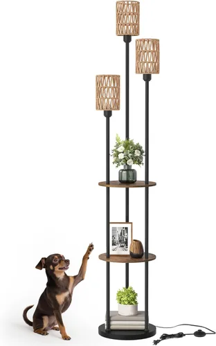 Vista 9 de Lámpara de pie con estantes, lámpara de pie bohemia con interruptor de pie, lámpara de pie de 3 luces, para sala de estar, dormitorio, estudio