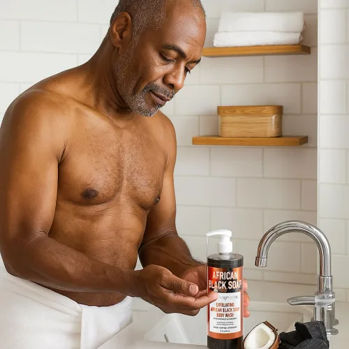 Vista 5 de SpaScriptions Jabón corporal exfoliante africano negro, 32 onzas líquidas, exfoliante corporal perfumado hidratante con carbón y coco para una piel