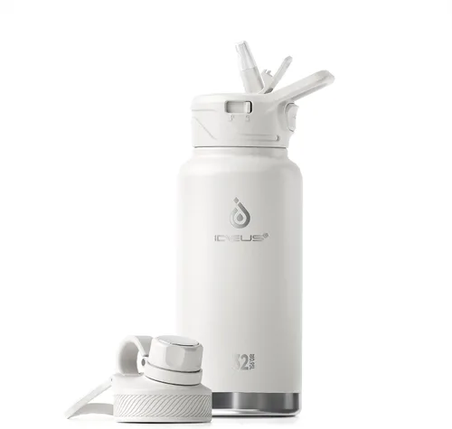 Vista 49 de IDEUS Botella de agua aislada de acero inoxidable con 2 tapas a prueba de fugas, termo para senderismo, ciclismo, 32 onzas, violeta