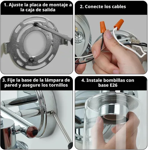 Vista 9 de Apliques de Pared de Baño de 2 Luces con Cristal Transparente, Luces de Pared de Baño Sobre Espejo, Luces de Tocador Cromadas con Base E26