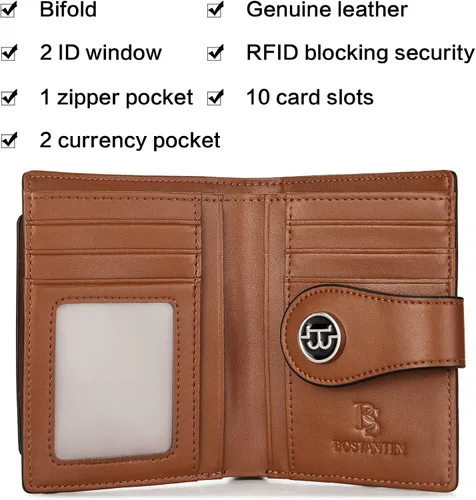 Vista 3 de BOSTANTEN - Billetera de cuero para mujer con bloqueo RFID, pequeña, con cremallera, de bolsillo, para tarjetas, con ventana para documento