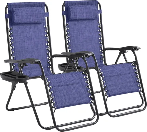 Vista 12 de Juego de 2 Sillas Zero Gravity de Gran Tamaño Acolchadas Reclinables con Reposacabezas Ajustable y Portavasos - Silla de Salón Plegable Oxford 600D