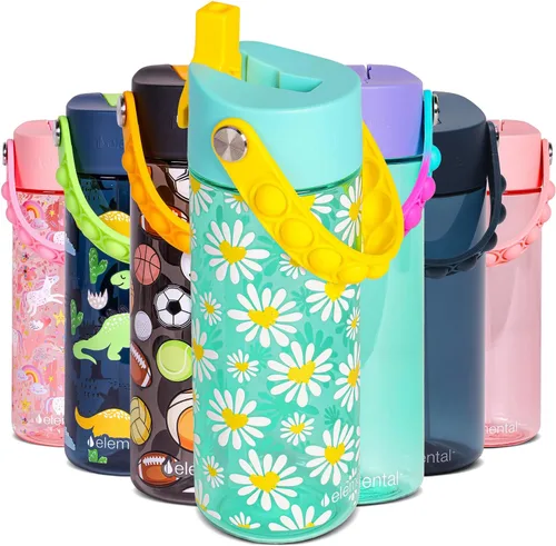 Vista 198 de Elemental Botellas de agua para niños – Botella de agua para niños Splash para la escuela con mango Pop-it – Botella de agua de plástico Tritan sin