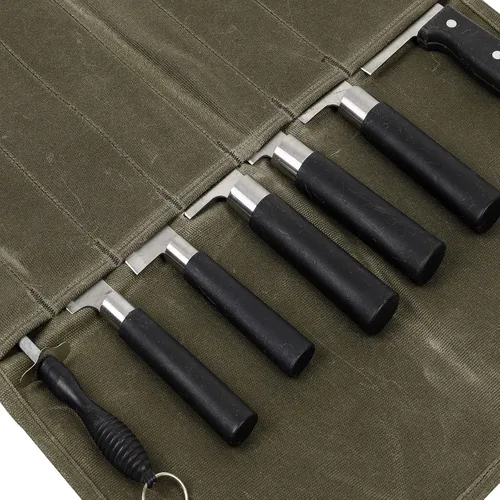 Vista 4 de Rollo de cuchillo, bolsa de rollo de cuchillo de chef, estuche de lona encerada para cuchillos con 7 ranuras, envoltura portátil para cuchillos